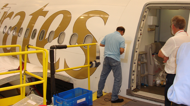 Application of certified Airbus paint protection using Permagard’s aviation-grade coating for long-term surface durability.