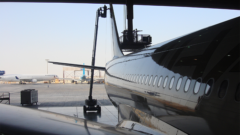 Close-up of an Airbus exterior surface treated with certified Permagard paint protection for superior gloss and corrosion resistance.