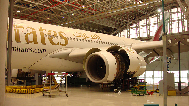 Certified Airbus paint protection applied inside a maintenance hangar with professional aviation technicians.